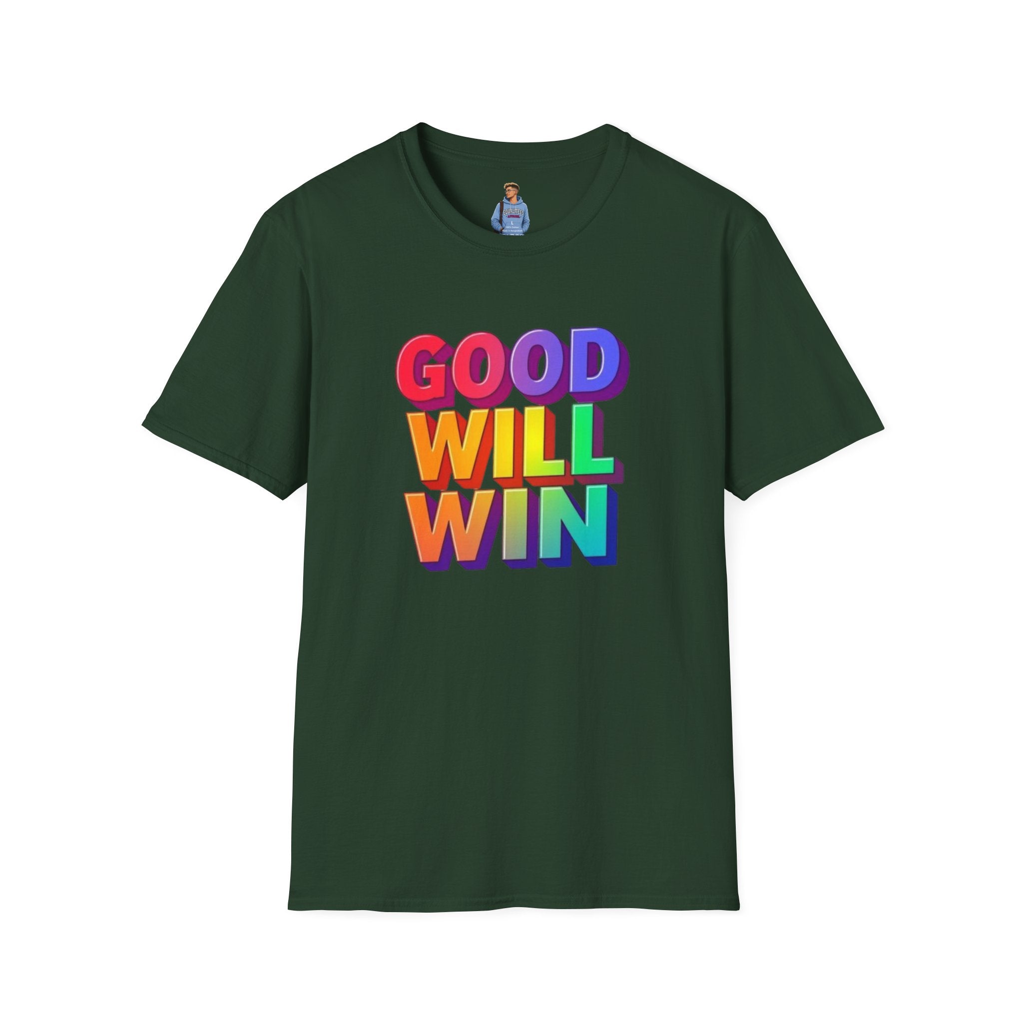 Camiseta unisex de estilo suave con mensaje positivo "Arcoíris, buena voluntad, triunfo"