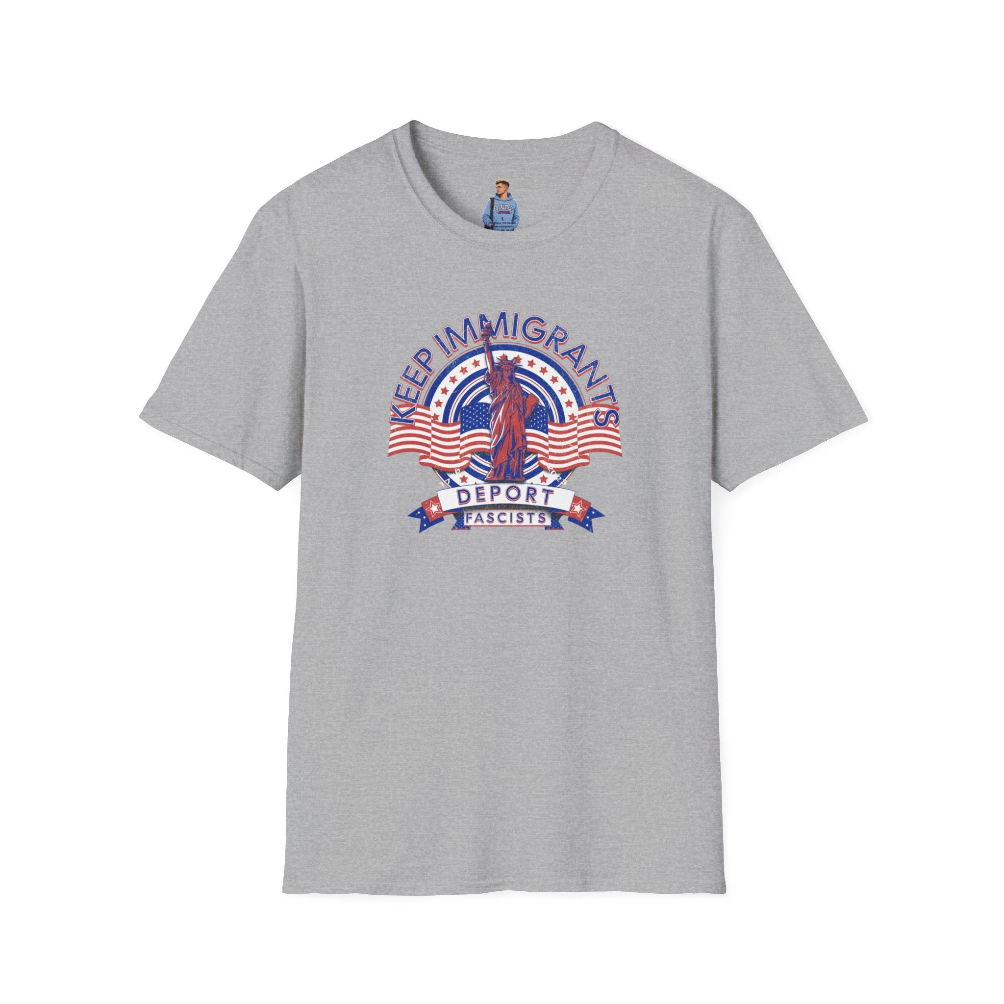 Camiseta unisex Patriota estadounidense: Mantengamos a los inmigrantes y deportemos a los fascistas: celebremos la libertad y la diversidad
