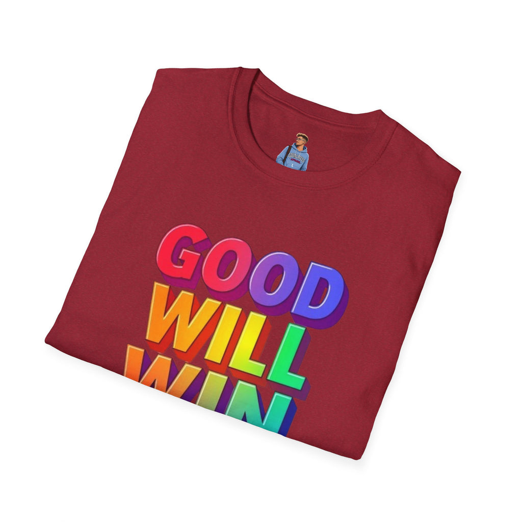 Camiseta unisex de estilo suave con mensaje positivo "Arcoíris, buena voluntad, triunfo"
