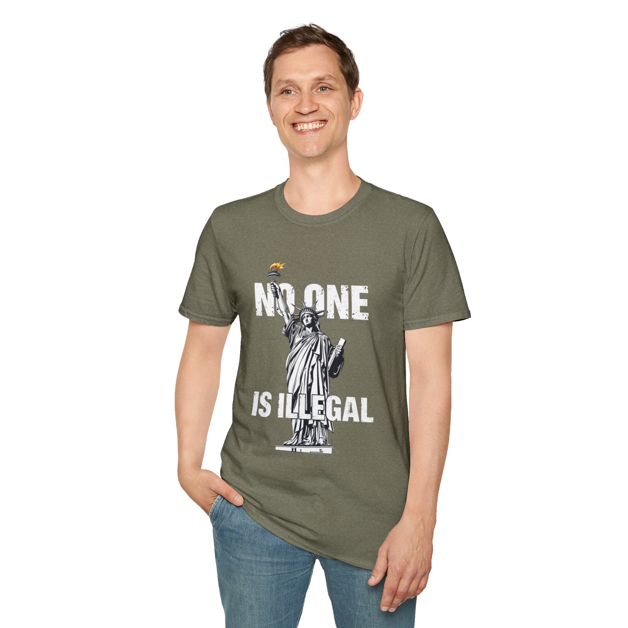 Camiseta unisex de estilo suave: camiseta gráfica con el lema "Nadie es ilegal" para defensores de la justicia social