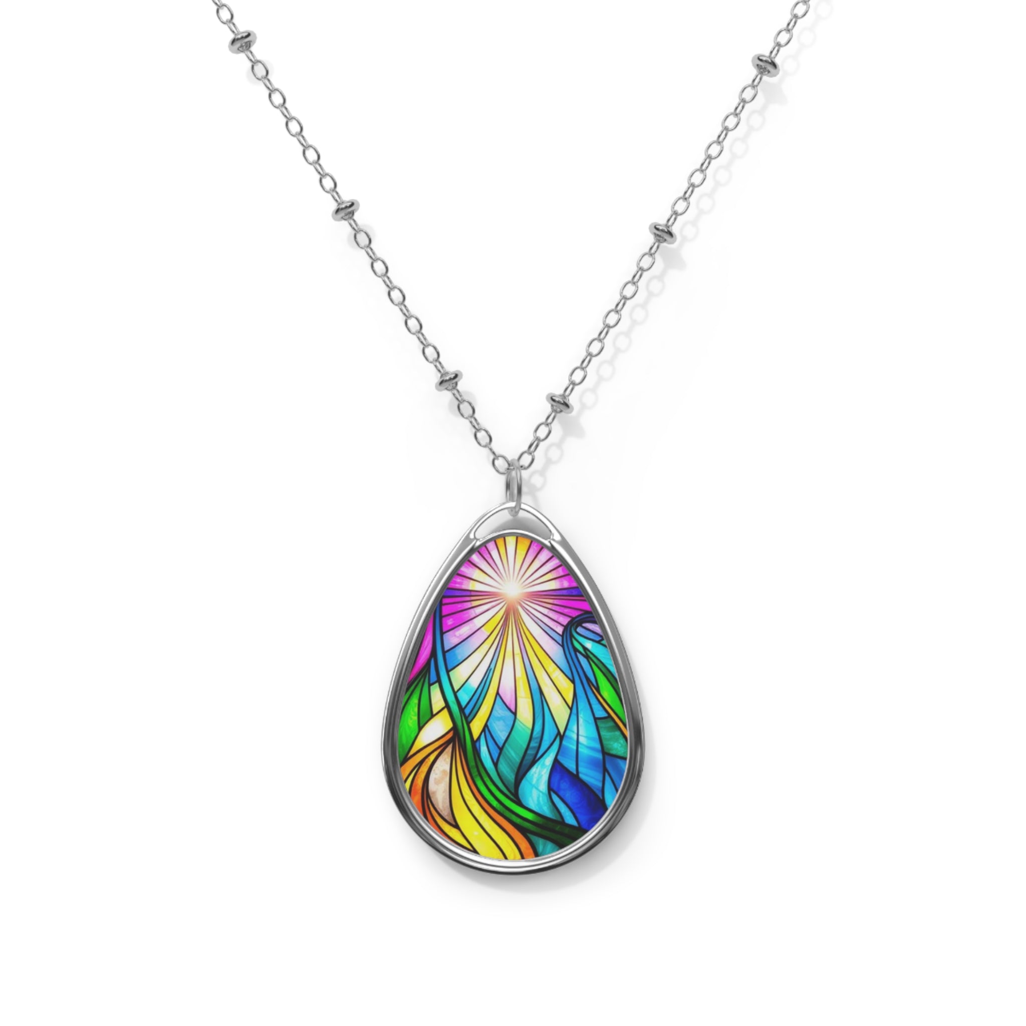Colorful Stained Glass Teardrop Pendant Necklace