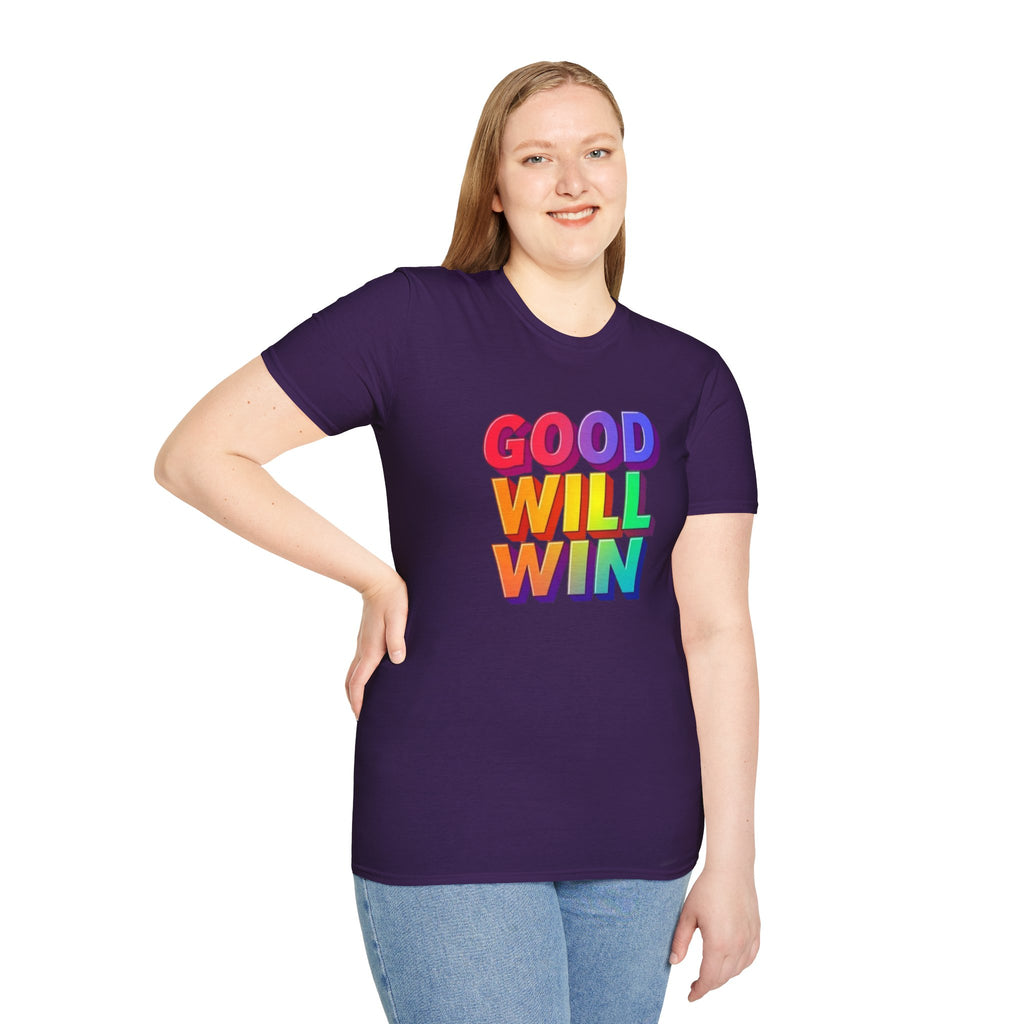 Camiseta unisex de estilo suave con mensaje positivo "Arcoíris, buena voluntad, triunfo"