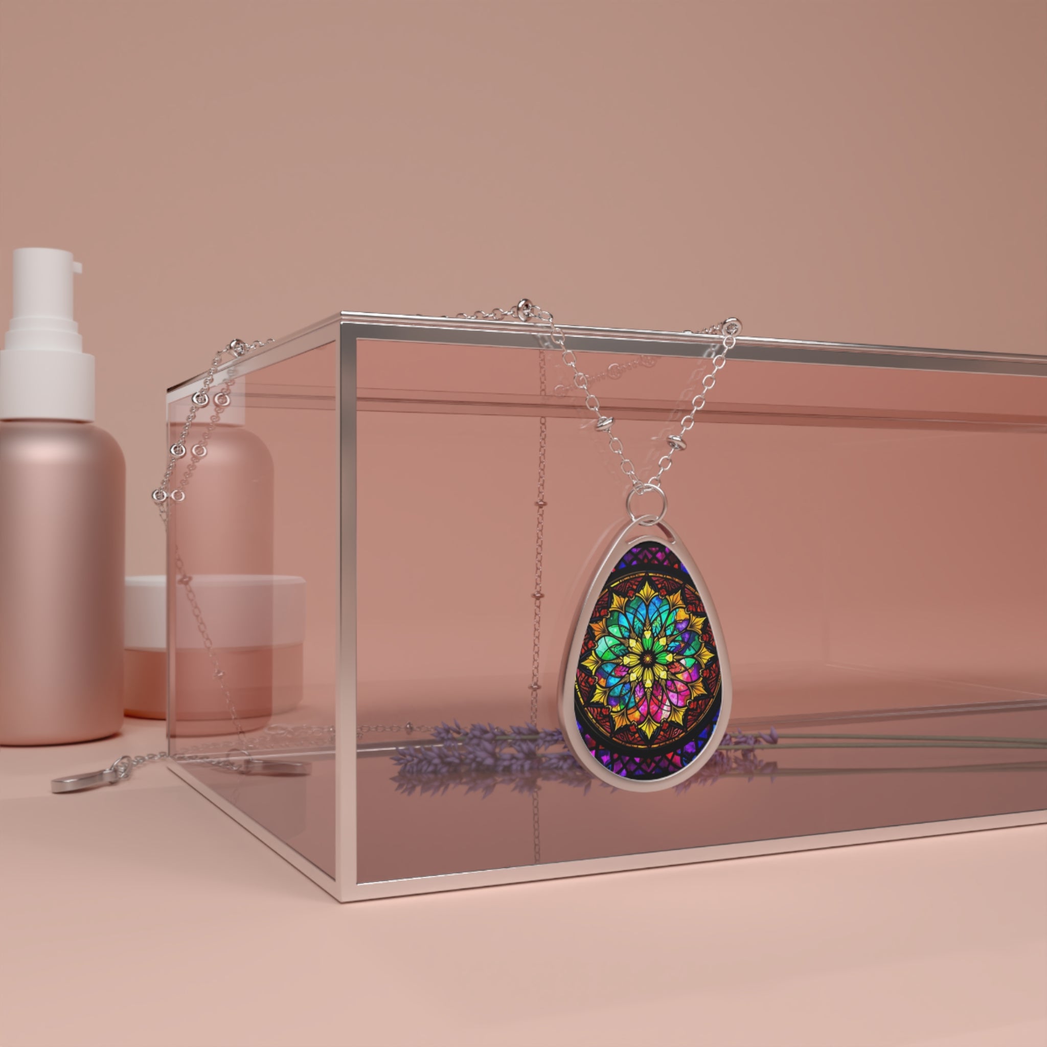 Rainbow Mandala Teardrop Pendant Necklace