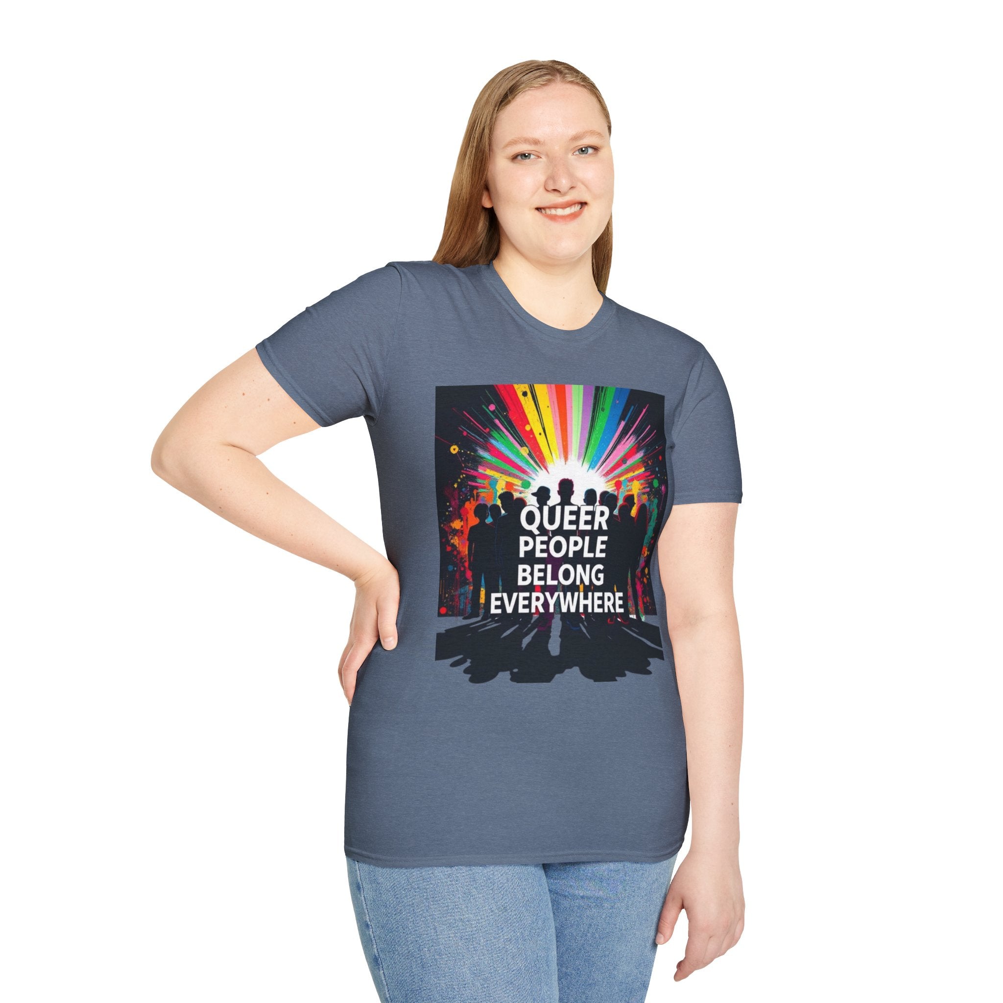Unisex Softstyle T-Shirt - 'Queer People Belong Everywhere' Pride Graphic Tee