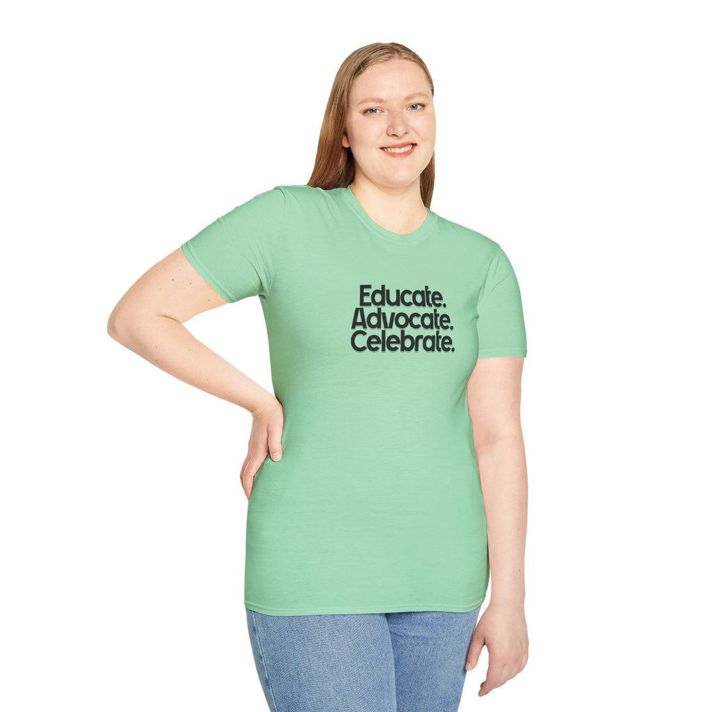 Teacher Advocate T-Shirt - Subtle Pride Educate Advocate Celebrate Design
