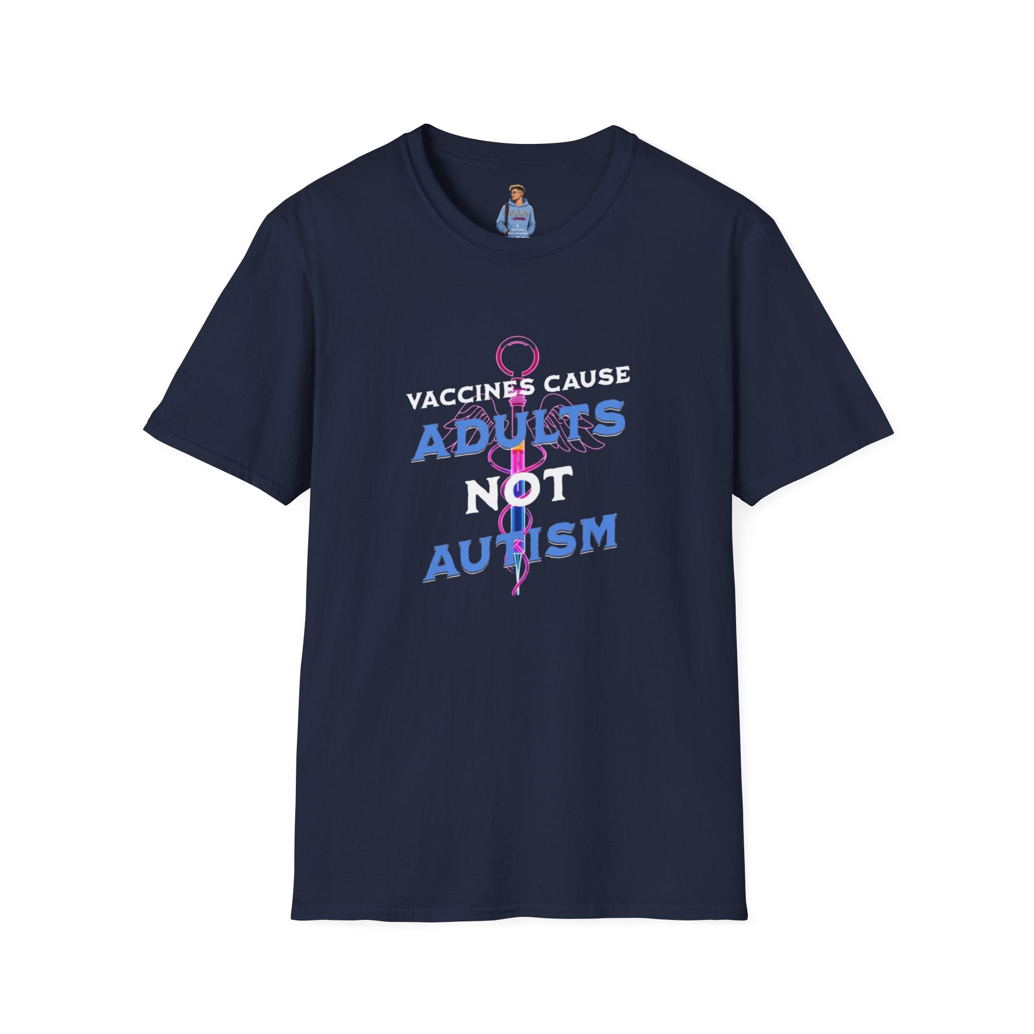Camiseta unisex de estilo suave con la frase "Las vacunas son la causa de los adultos, no del autismo"