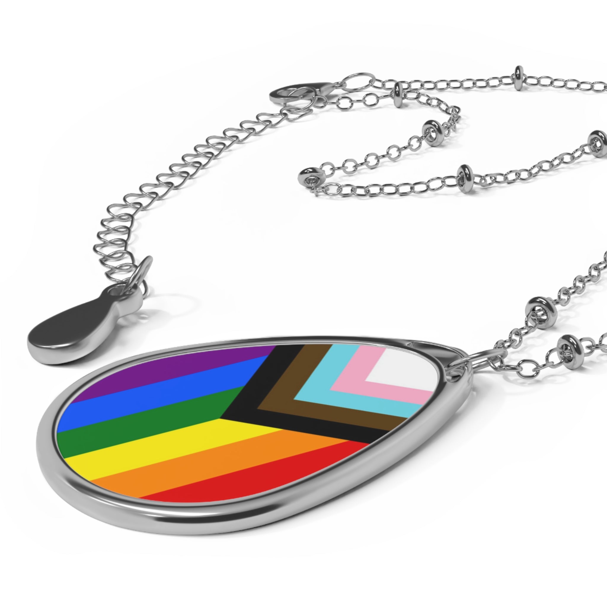 Inclusive Pride Oval Necklace - Stylish Silver Pendant for Inclusivity and Celebration - EqualiTees.Me