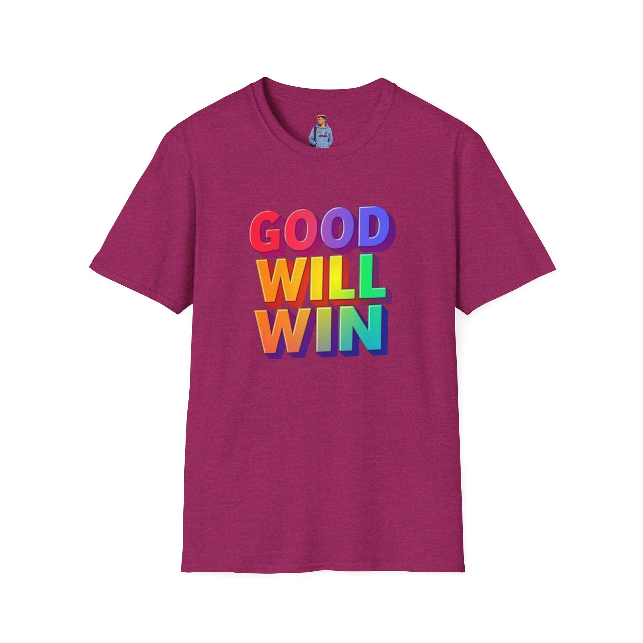 Camiseta unisex de estilo suave con mensaje positivo "Arcoíris, buena voluntad, triunfo"