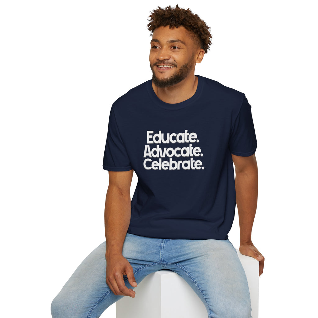 Educate. Advocate. Celebrate. Minimalist Pride T-Shirt