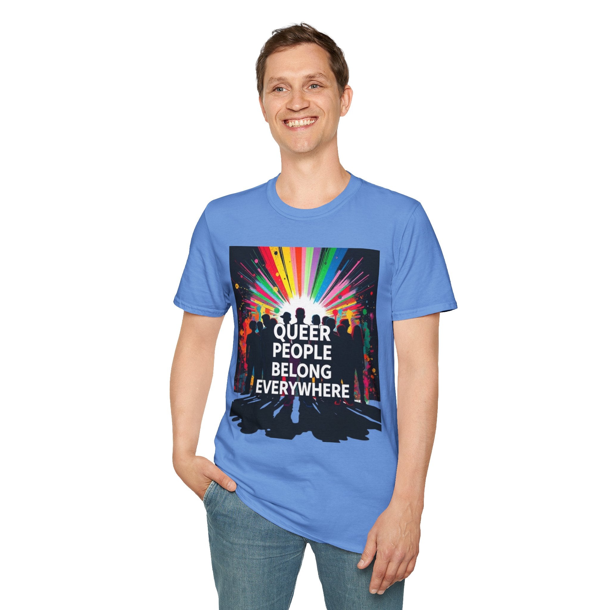 Unisex Softstyle T-Shirt - 'Queer People Belong Everywhere' Pride Graphic Tee
