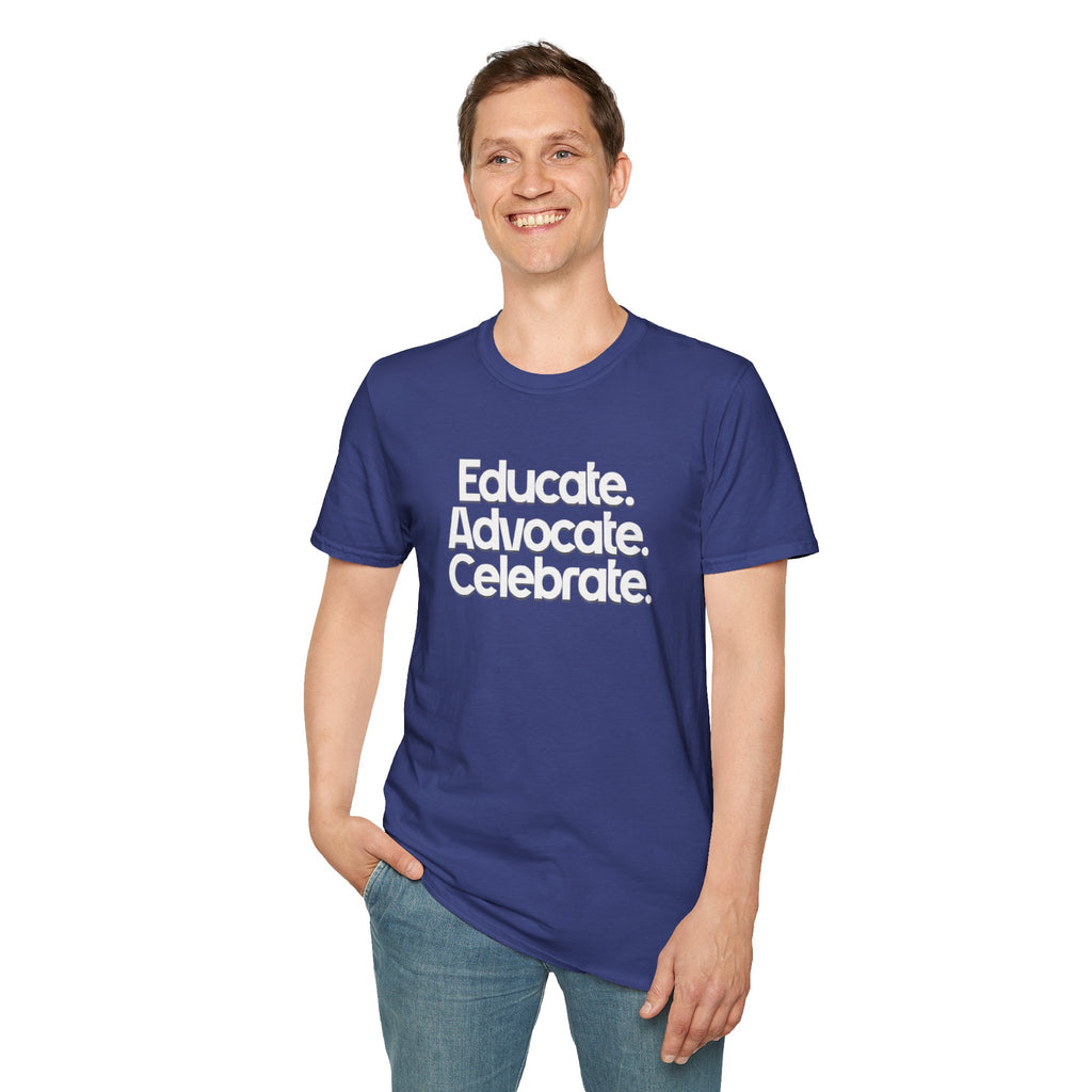 Educate. Advocate. Celebrate. Minimalist Pride T-Shirt