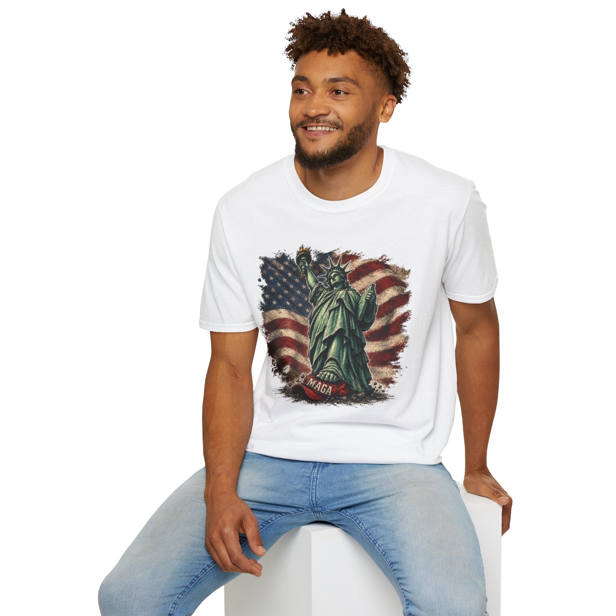 Statue of Liberty Stepping on MAGA American Flag T-Shirt — Patriotic USA Independence Day Tee