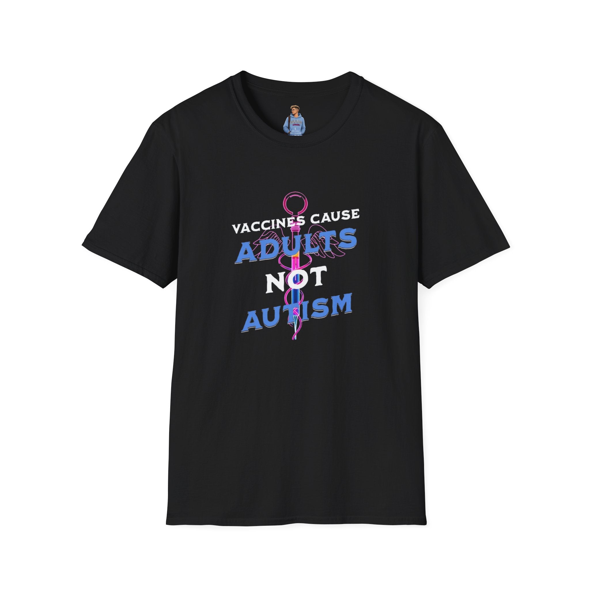Camiseta unisex de estilo suave con la frase "Las vacunas son la causa de los adultos, no del autismo"