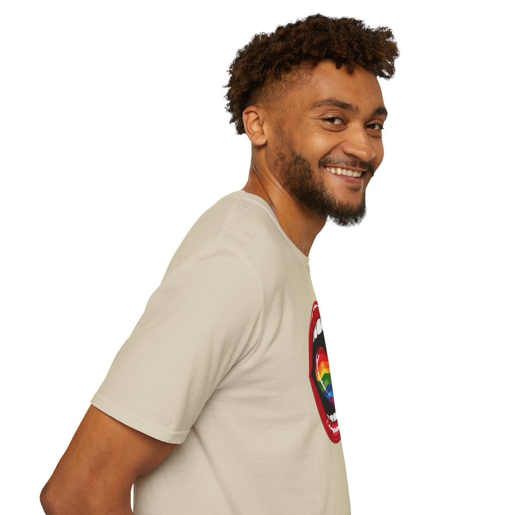 Pride Love Unisex Softstyle T-Shirt | LGBTQ+ Rainbow Heart Design