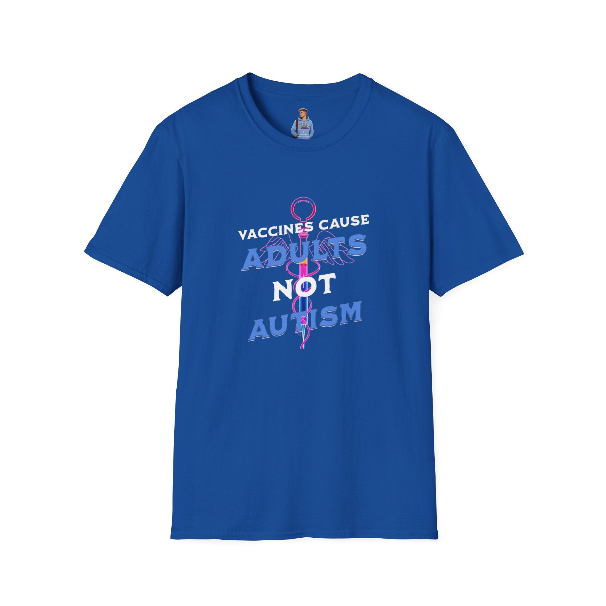 Camiseta unisex de estilo suave con la frase "Las vacunas son la causa de los adultos, no del autismo"