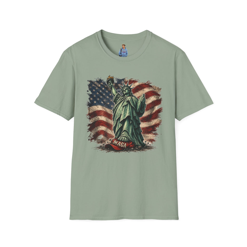 Statue of Liberty Stepping on MAGA American Flag T-Shirt — Patriotic USA Independence Day Tee