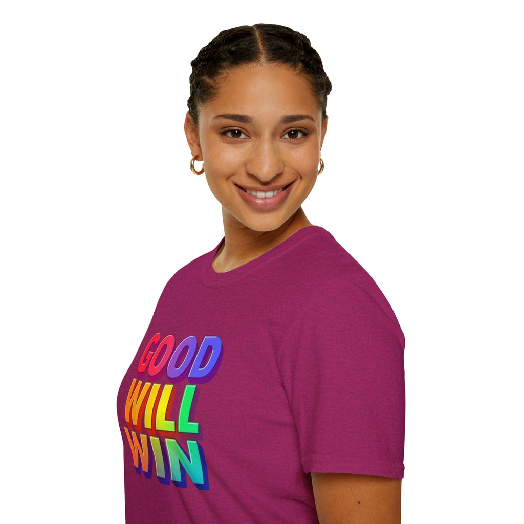 Camiseta unisex de estilo suave con mensaje positivo "Arcoíris, buena voluntad, triunfo"
