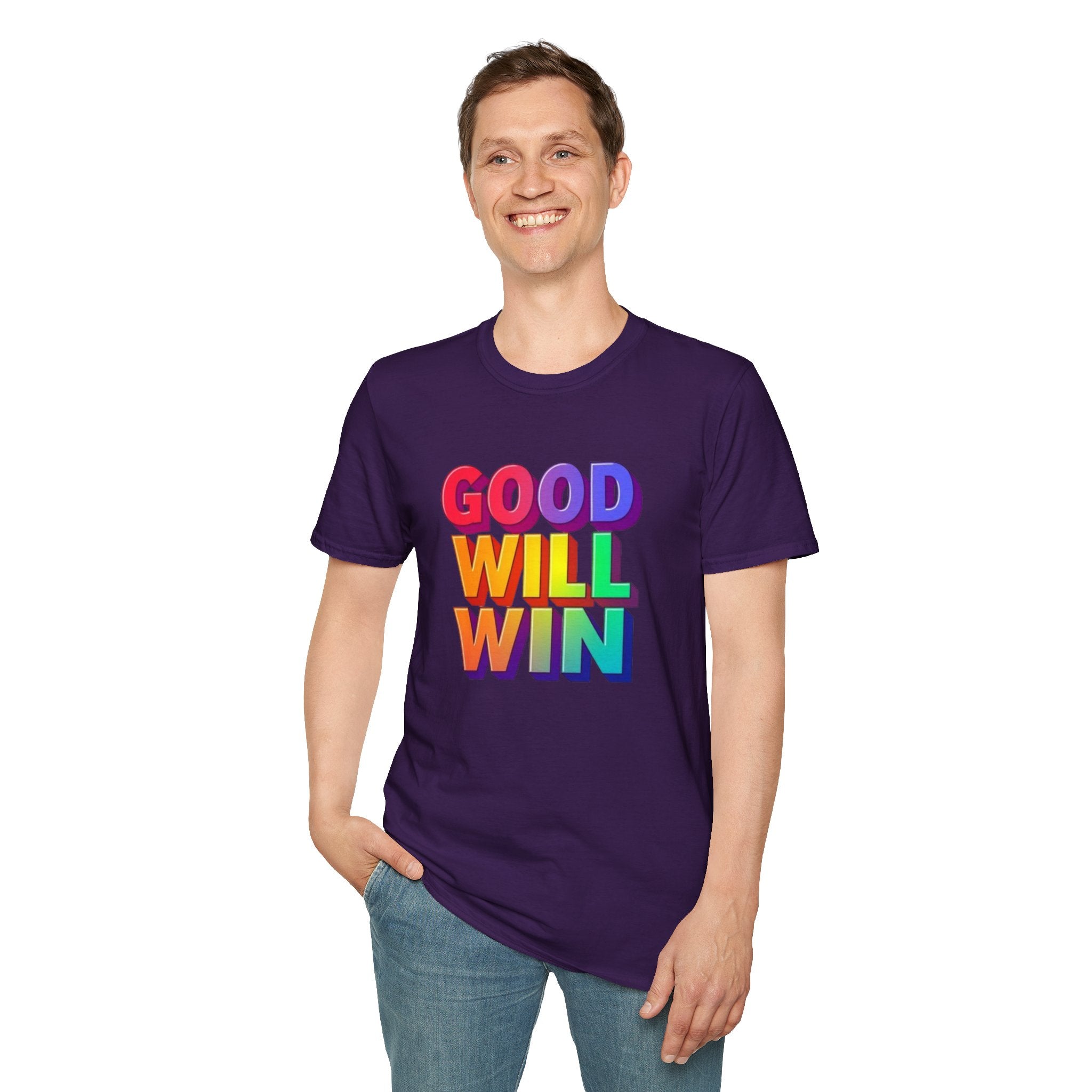 Camiseta unisex de estilo suave con mensaje positivo "Arcoíris, buena voluntad, triunfo"