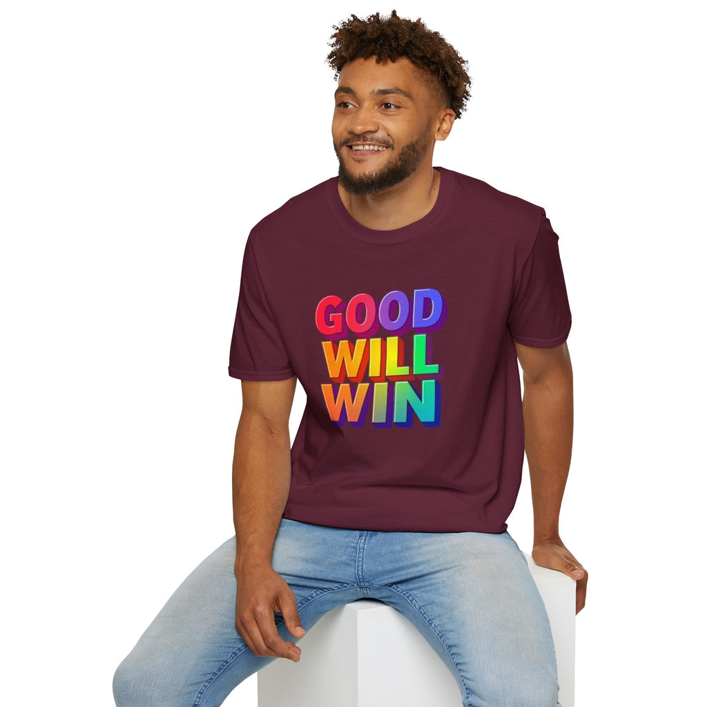 Camiseta unisex de estilo suave con mensaje positivo "Arcoíris, buena voluntad, triunfo"