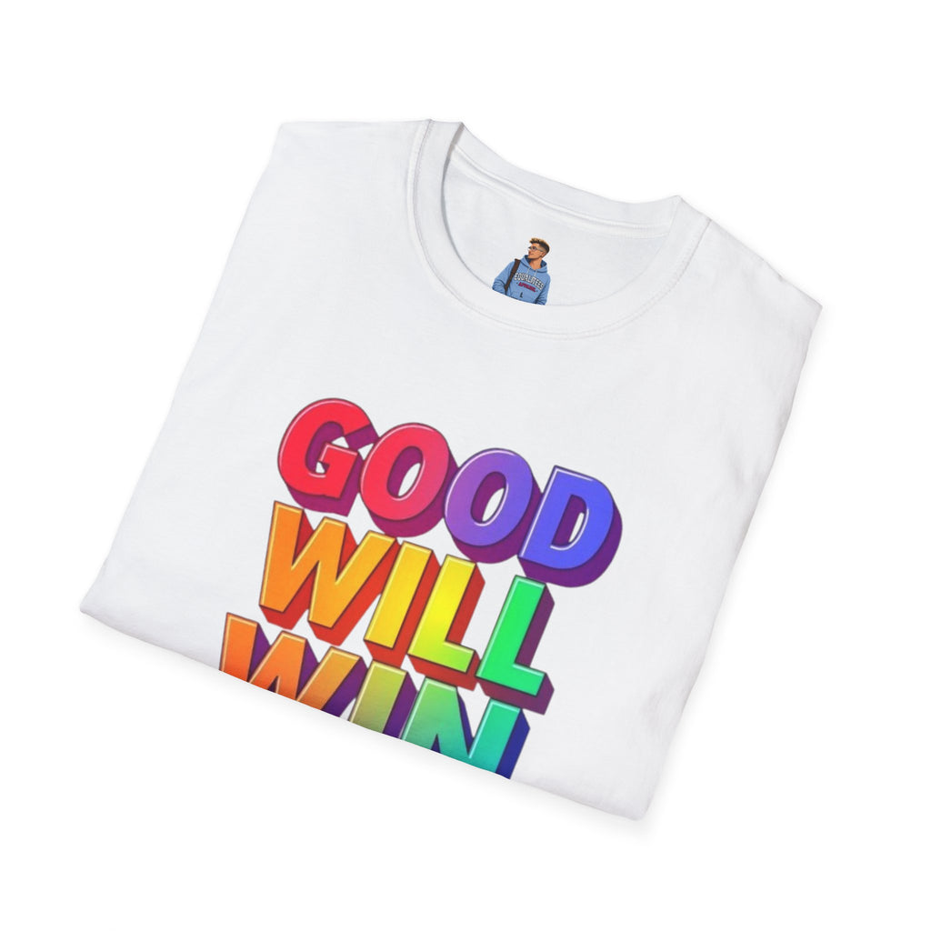 Camiseta unisex de estilo suave con mensaje positivo "Arcoíris, buena voluntad, triunfo"