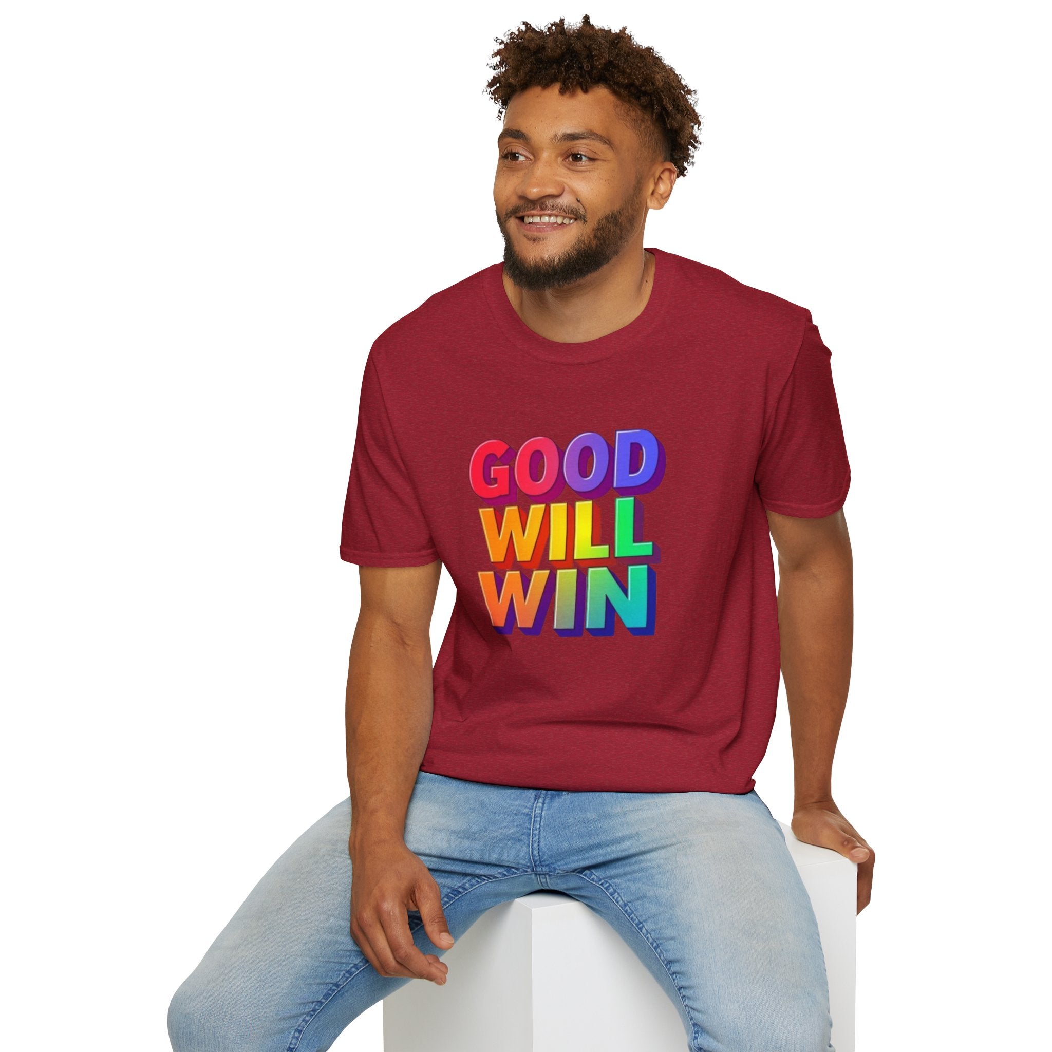 Camiseta unisex de estilo suave con mensaje positivo "Arcoíris, buena voluntad, triunfo"