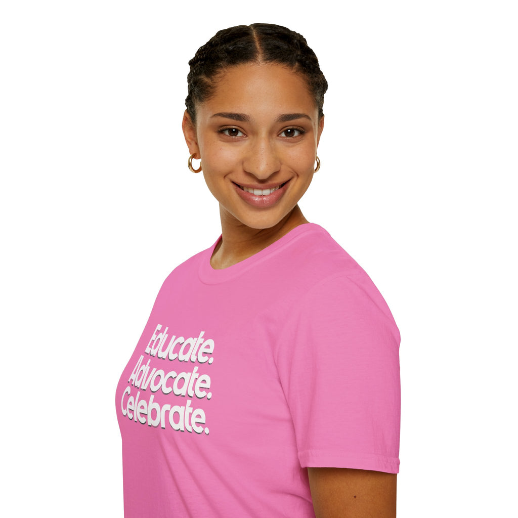 Educate. Advocate. Celebrate. Minimalist Pride T-Shirt