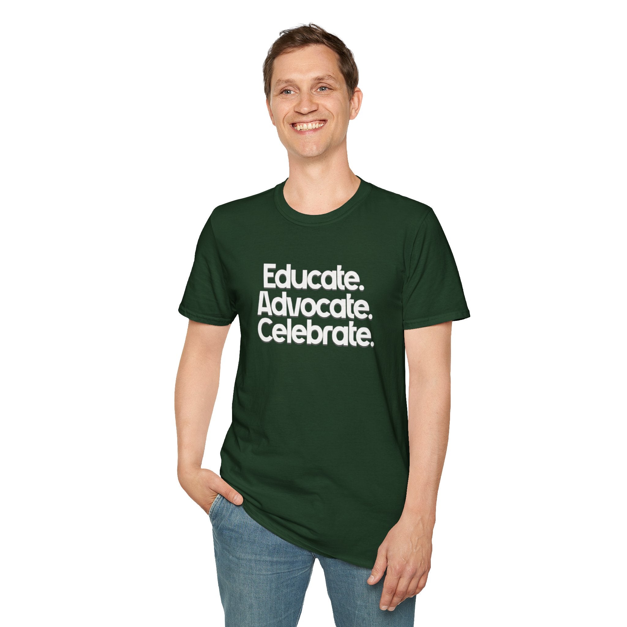 Educate. Advocate. Celebrate. Minimalist Pride T-Shirt