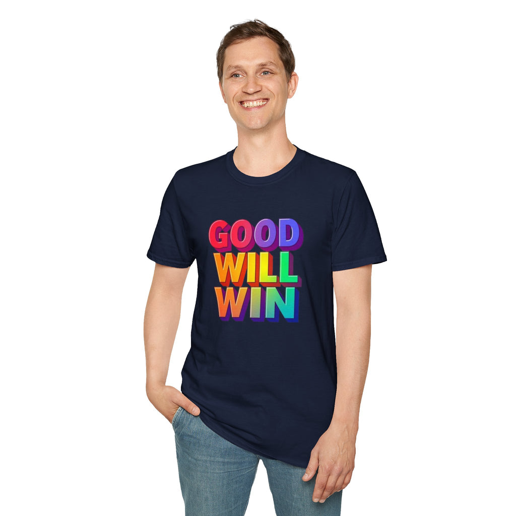 Camiseta unisex de estilo suave con mensaje positivo "Arcoíris, buena voluntad, triunfo"
