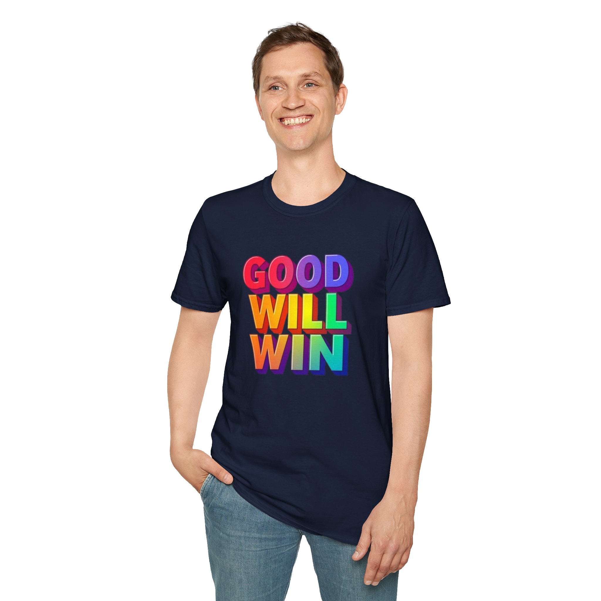 Camiseta unisex de estilo suave con mensaje positivo "Arcoíris, buena voluntad, triunfo"