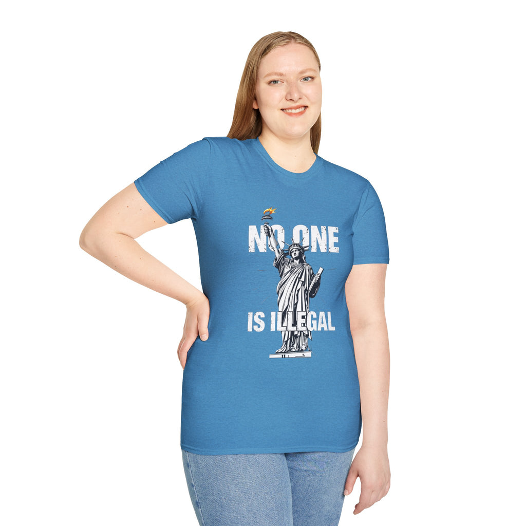 Camiseta unisex de estilo suave: camiseta gráfica con el lema "Nadie es ilegal" para defensores de la justicia social