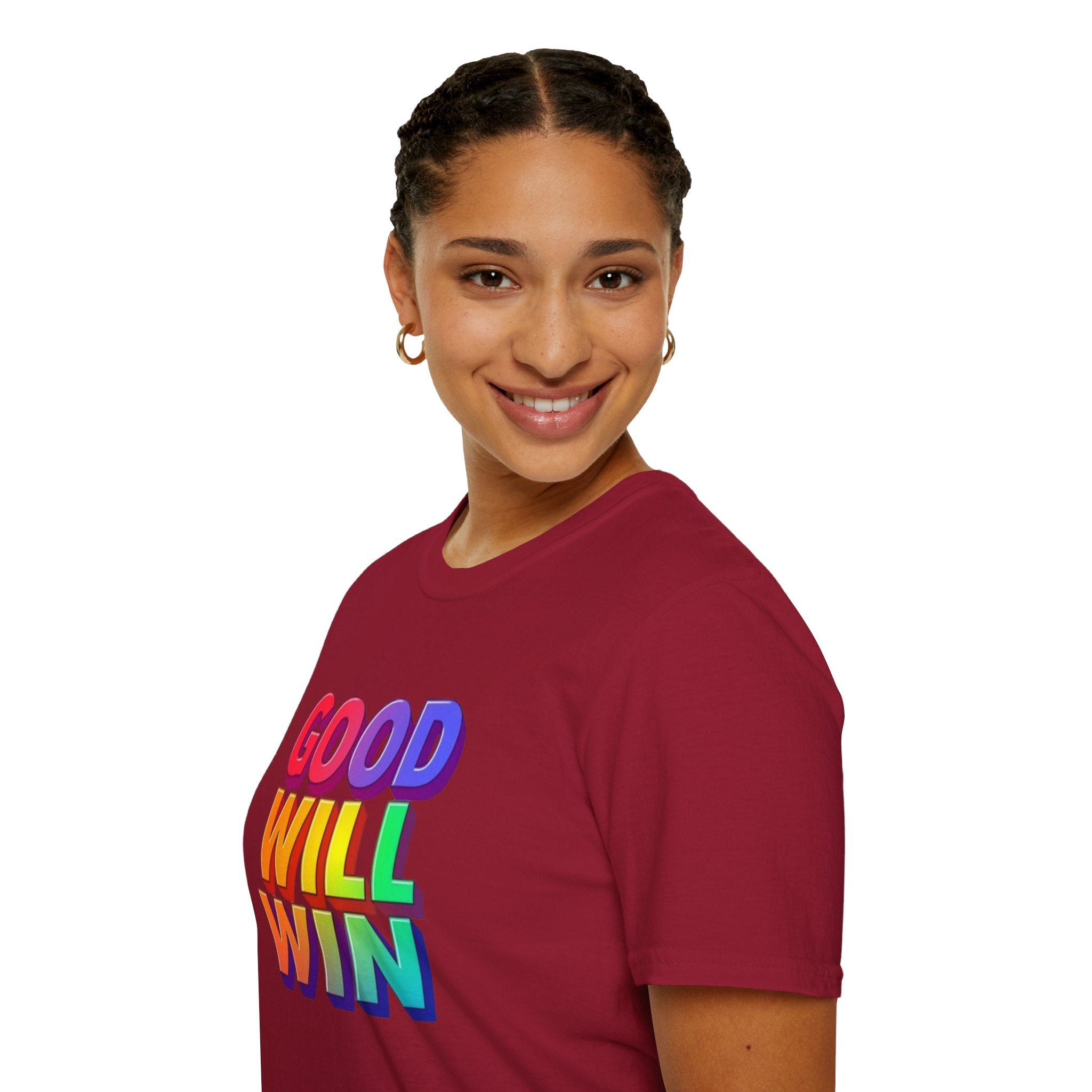 Camiseta unisex de estilo suave con mensaje positivo "Arcoíris, buena voluntad, triunfo"
