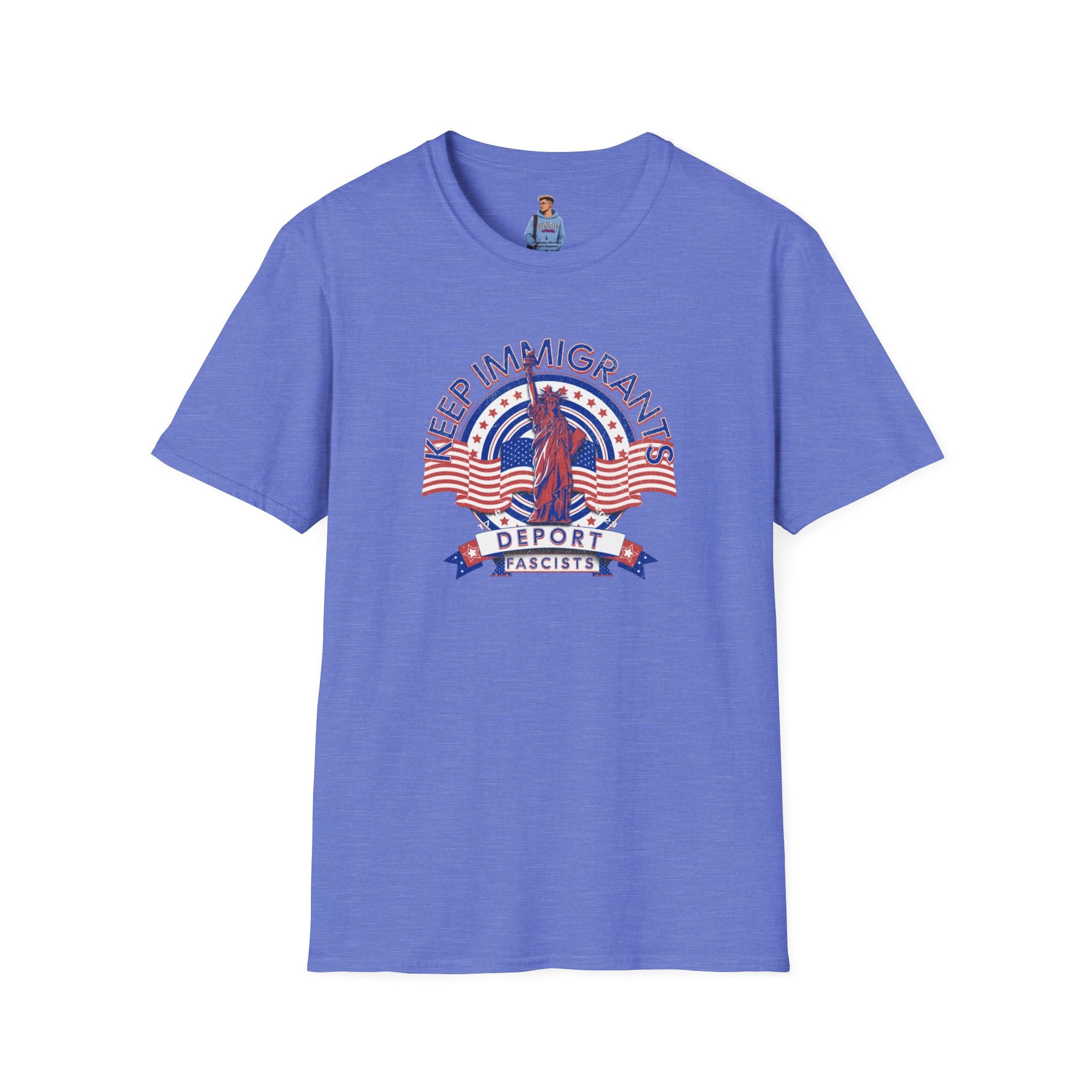 Camiseta unisex Patriota estadounidense: Mantengamos a los inmigrantes y deportemos a los fascistas: celebremos la libertad y la diversidad