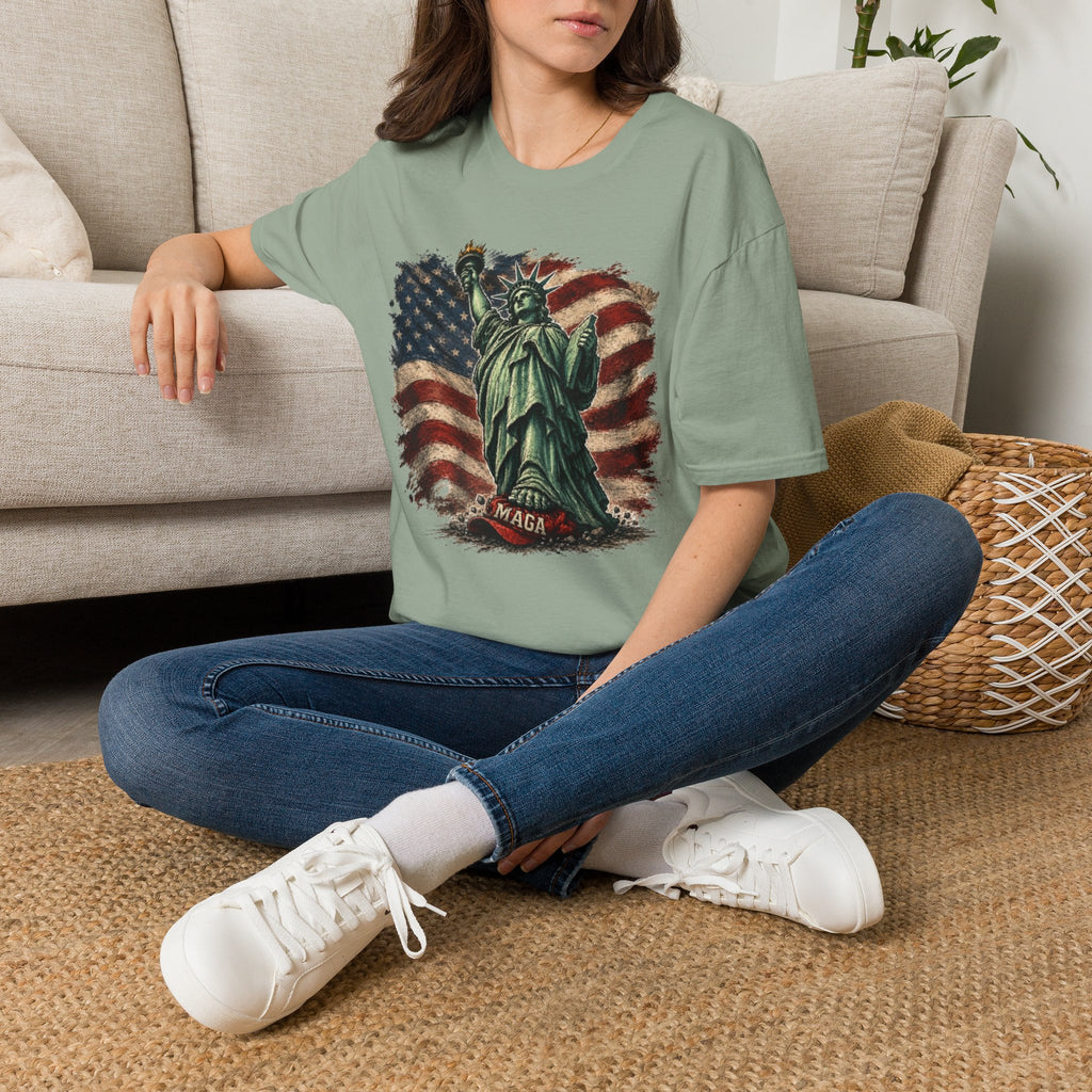 Statue of Liberty Stepping on MAGA American Flag T-Shirt — Patriotic USA Independence Day Tee