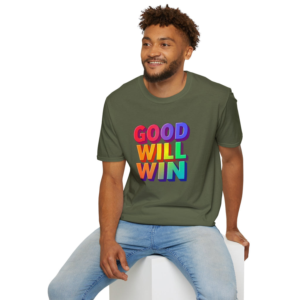 Camiseta unisex de estilo suave con mensaje positivo "Arcoíris, buena voluntad, triunfo"