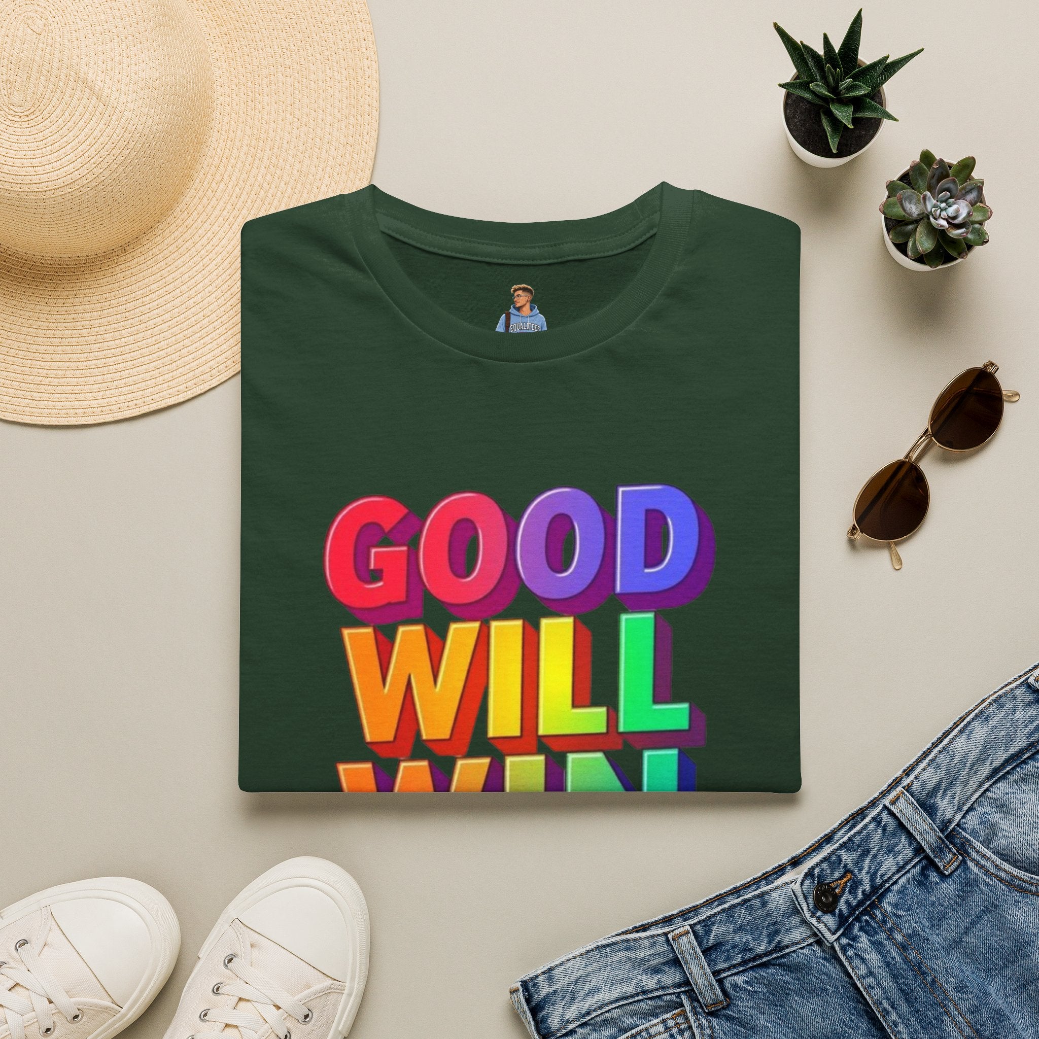 Camiseta unisex de estilo suave con mensaje positivo "Arcoíris, buena voluntad, triunfo"