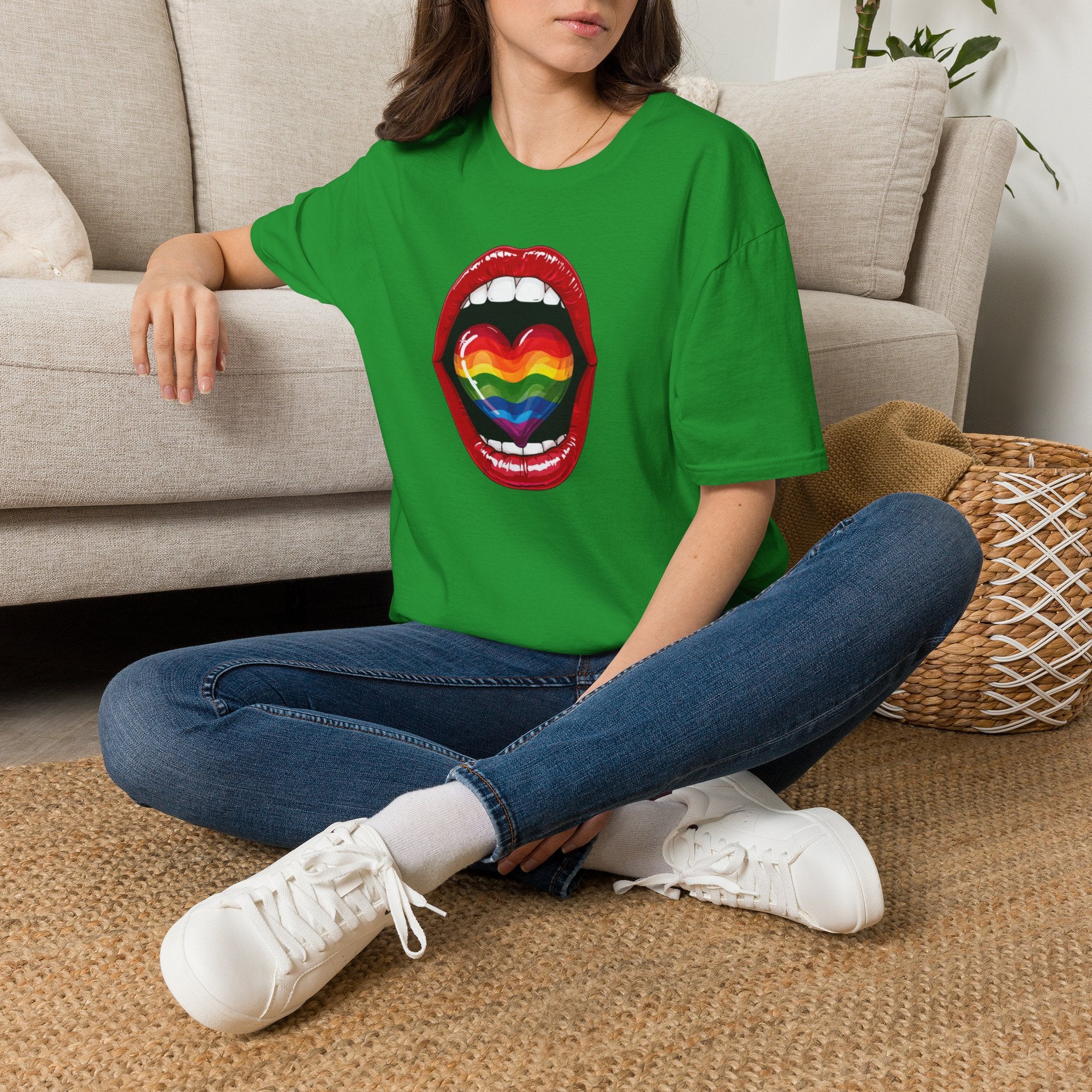 Pride Love Unisex Softstyle T-Shirt | LGBTQ+ Rainbow Heart Design