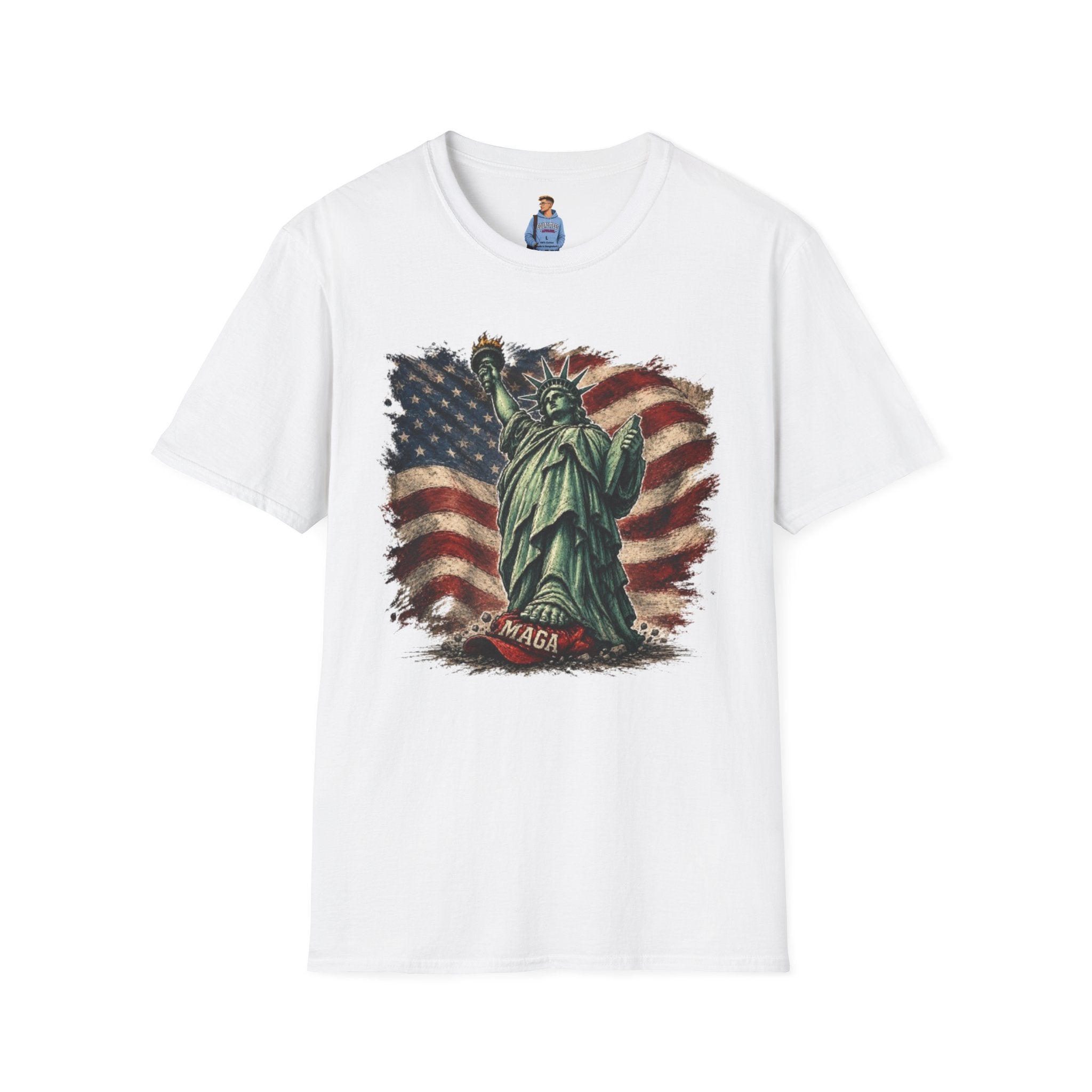 Statue of Liberty Stepping on MAGA American Flag T-Shirt — Patriotic USA Independence Day Tee