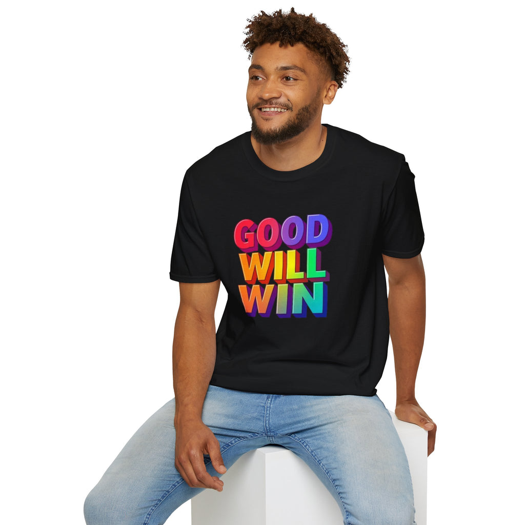 Camiseta unisex de estilo suave con mensaje positivo "Arcoíris, buena voluntad, triunfo"