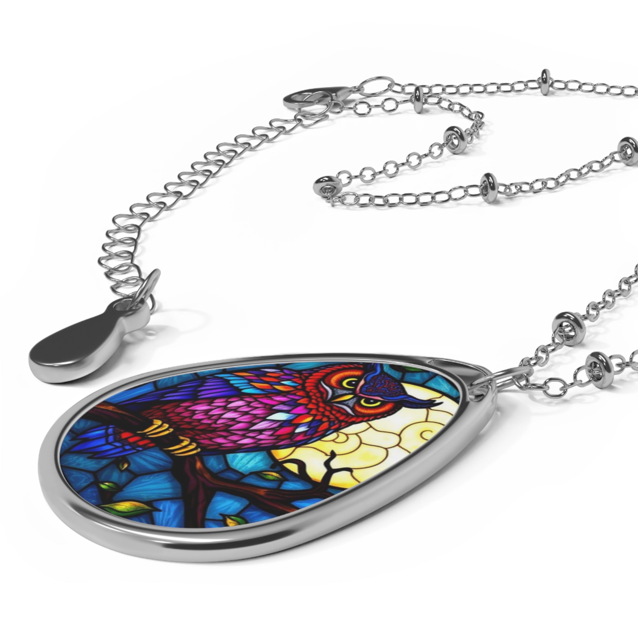 Owl and Moon Teardrop Pendant Necklace