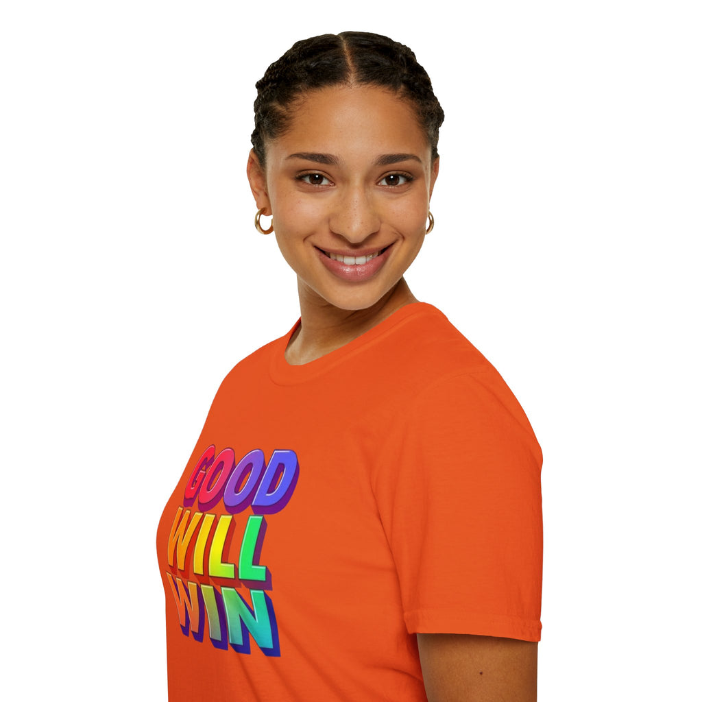 Camiseta unisex de estilo suave con mensaje positivo "Arcoíris, buena voluntad, triunfo"