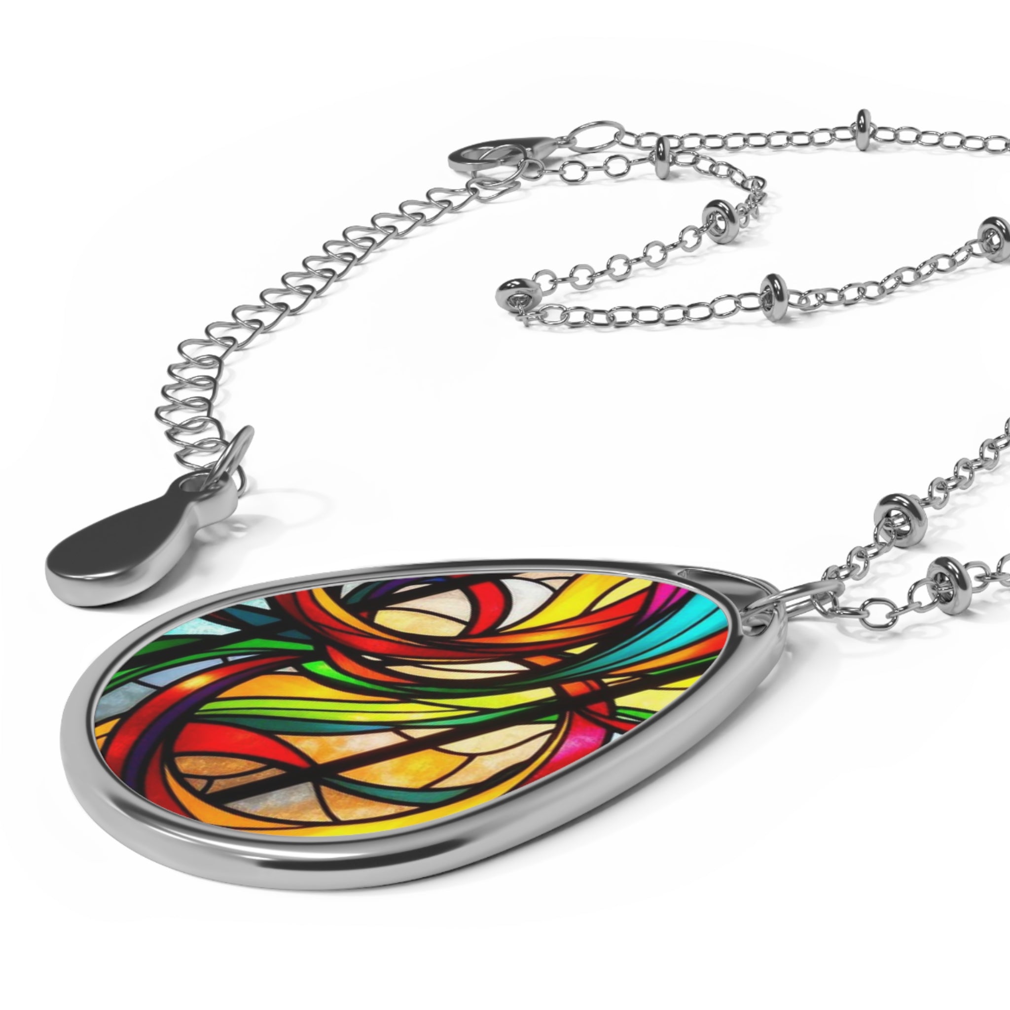 Stained Glass Design Teardrop Pendant Necklace