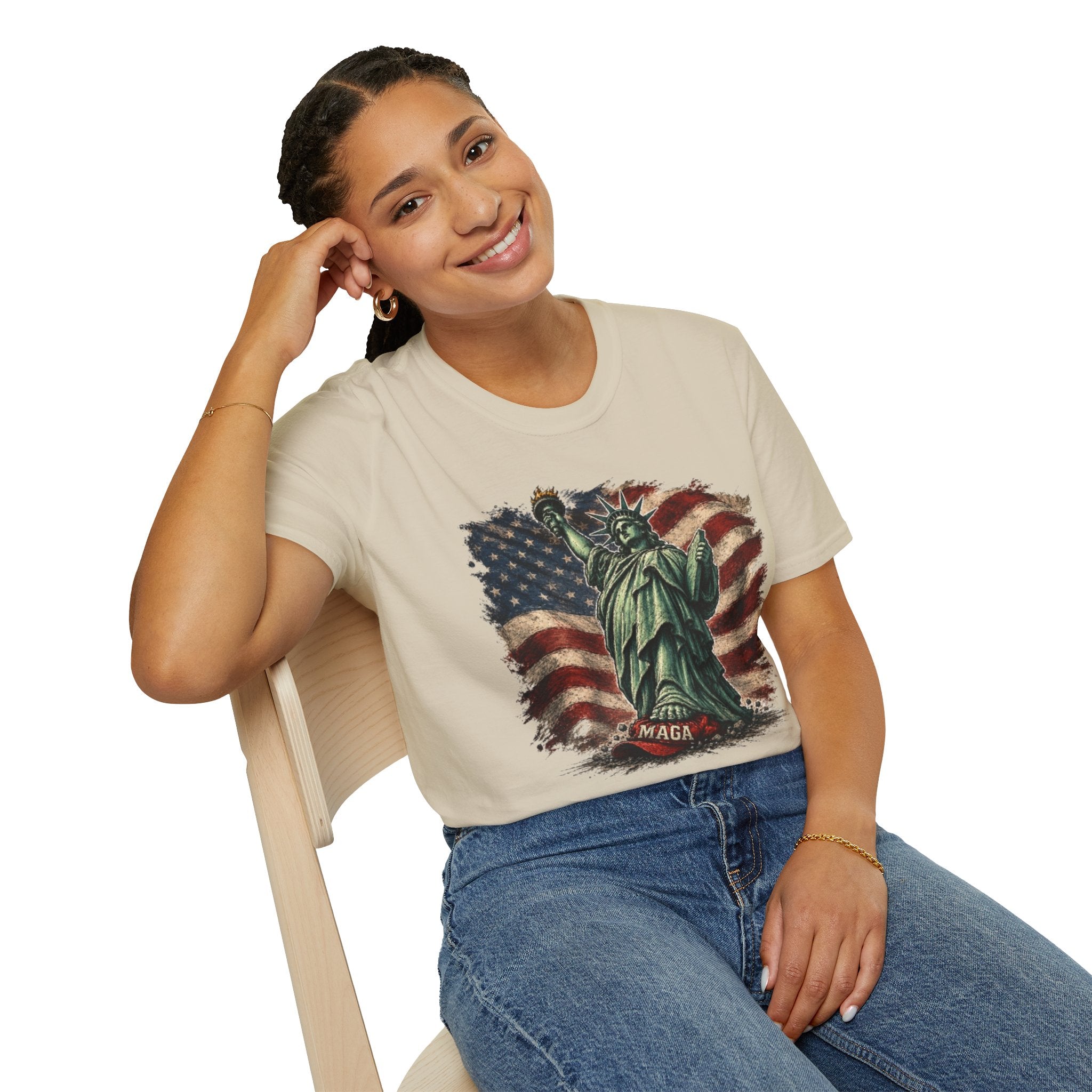 Statue of Liberty Stepping on MAGA American Flag T-Shirt — Patriotic USA Independence Day Tee