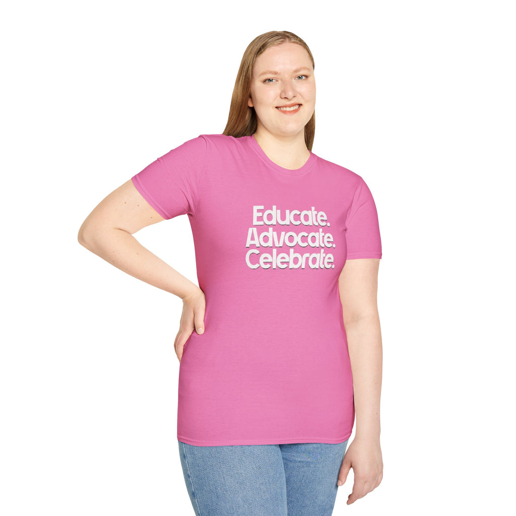 Educate. Advocate. Celebrate. Minimalist Pride T-Shirt