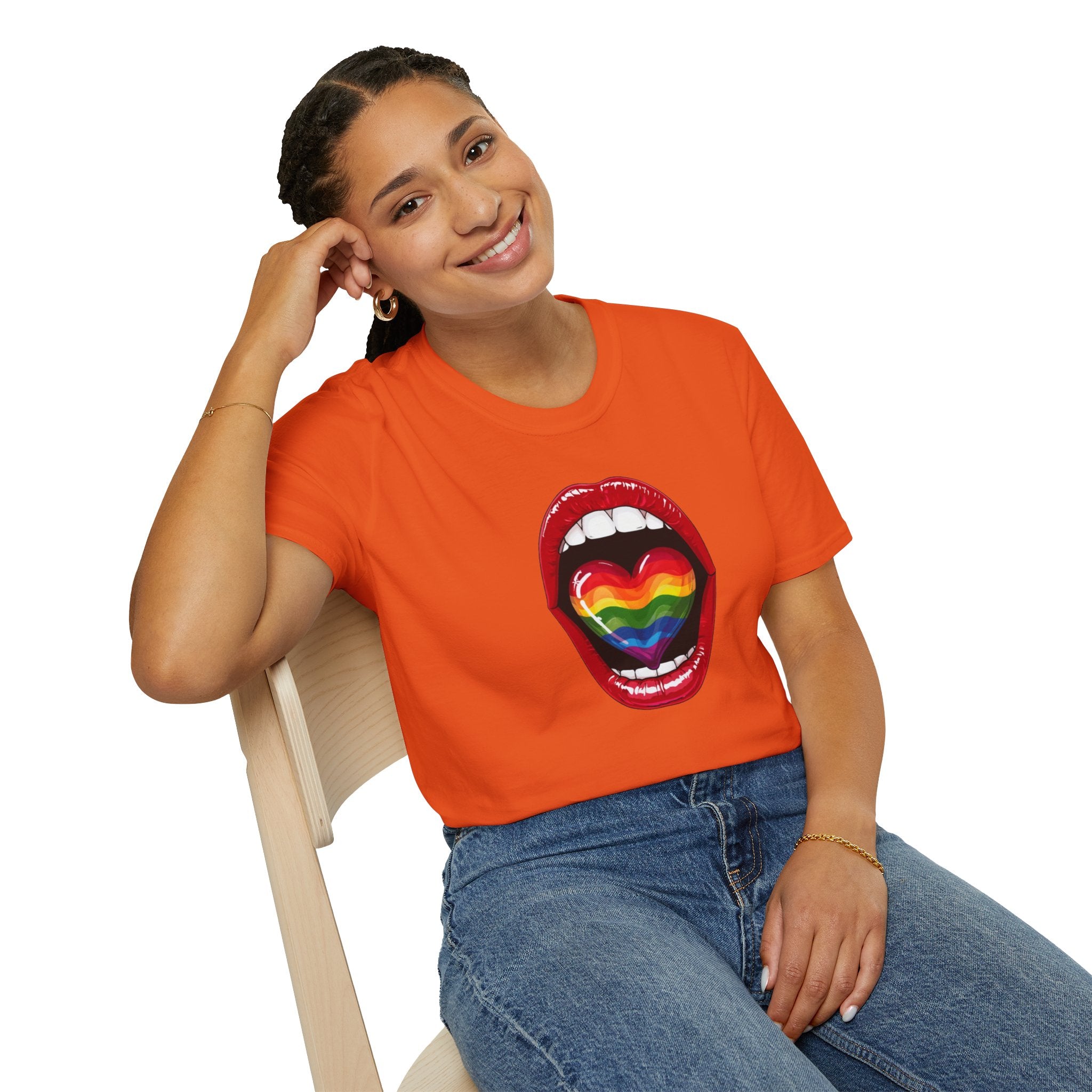 Pride Love Unisex Softstyle T-Shirt | LGBTQ+ Rainbow Heart Design