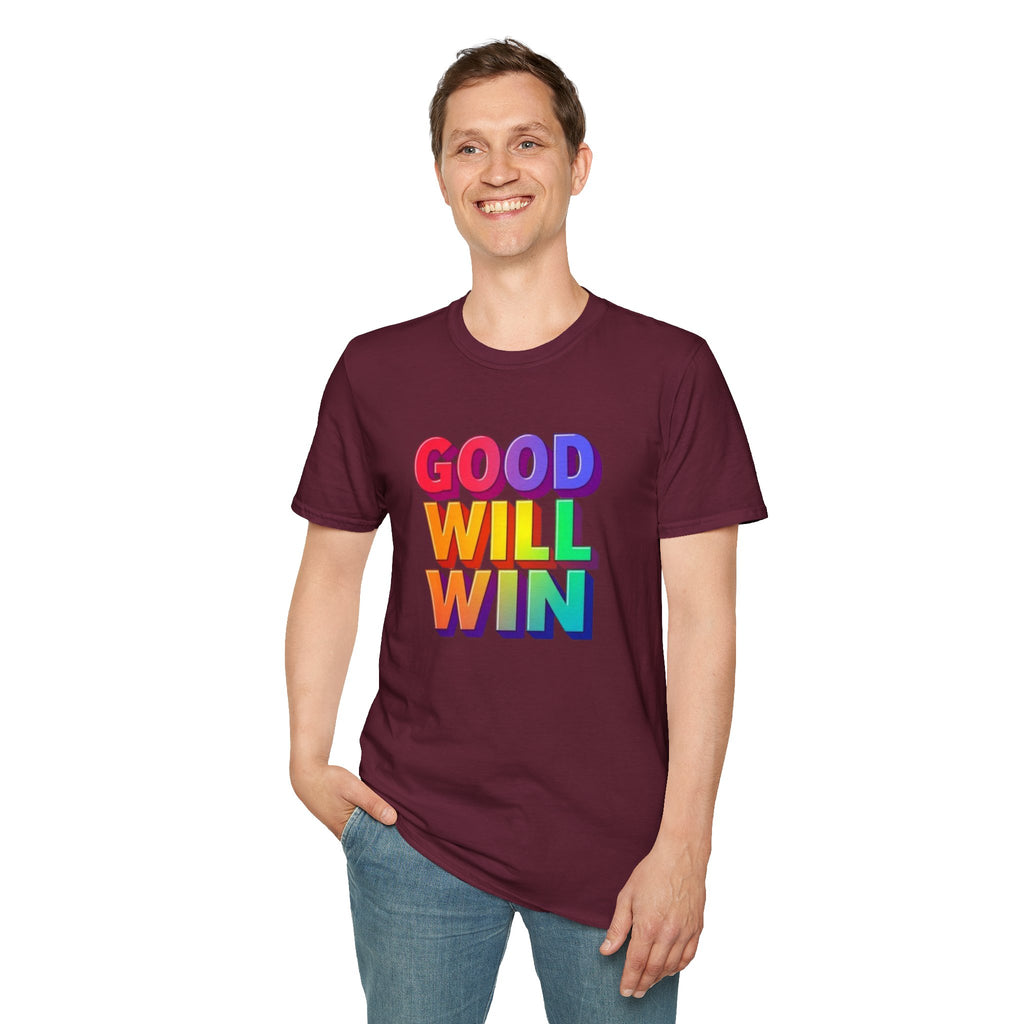 Camiseta unisex de estilo suave con mensaje positivo "Arcoíris, buena voluntad, triunfo"