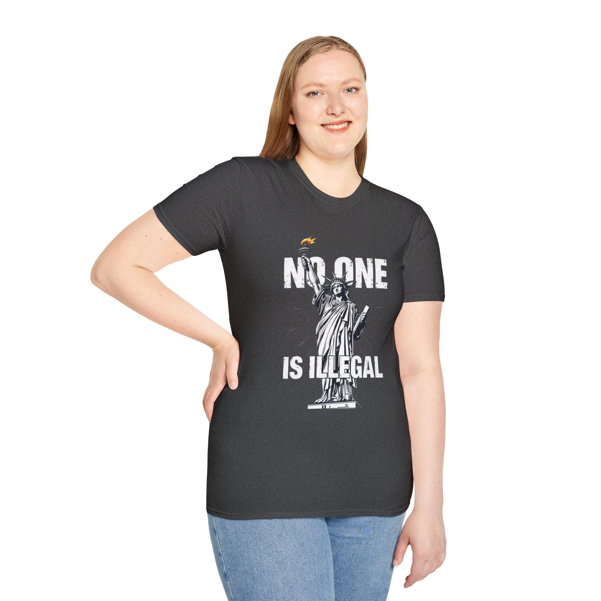 Camiseta unisex de estilo suave: camiseta gráfica con el lema "Nadie es ilegal" para defensores de la justicia social