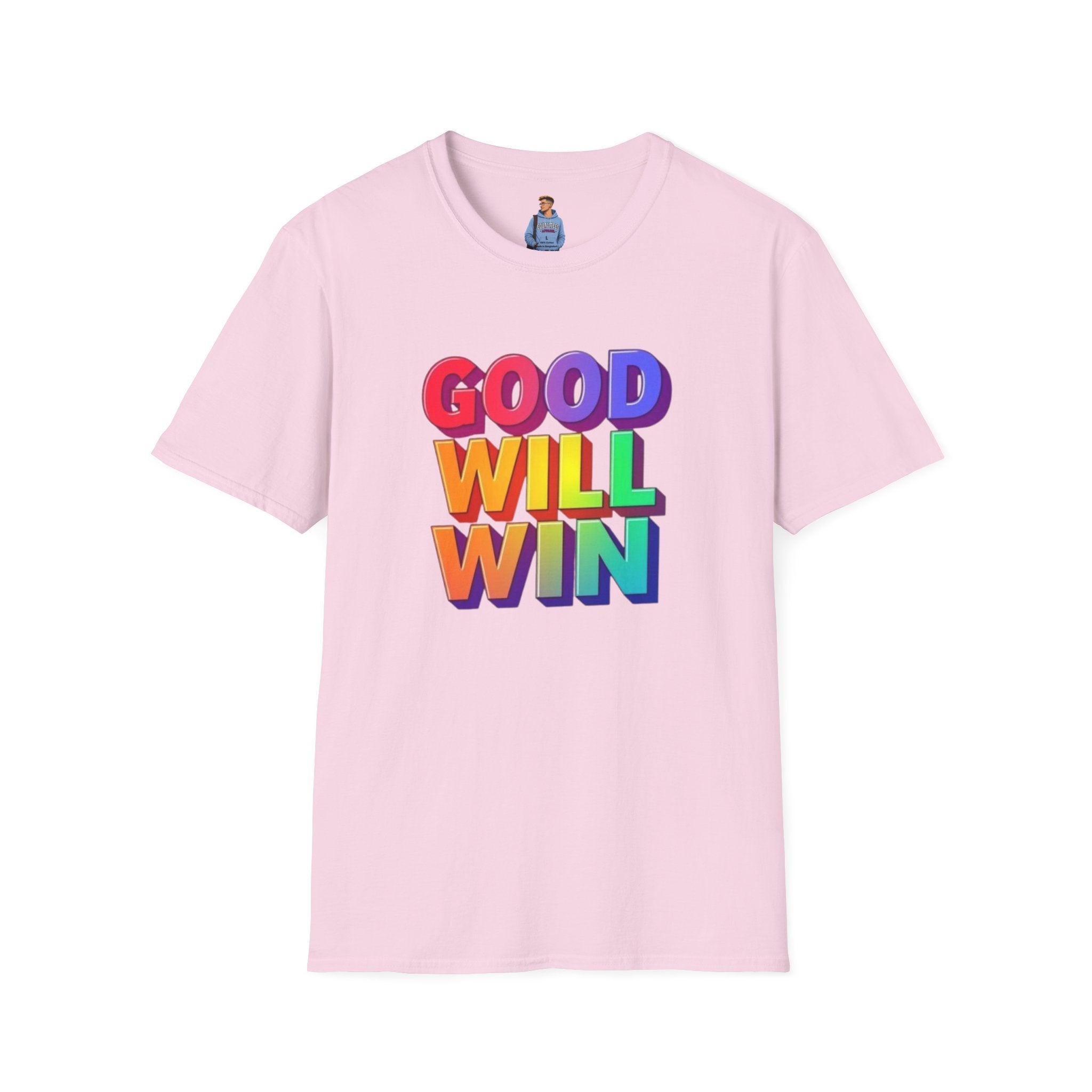 Camiseta unisex de estilo suave con mensaje positivo "Arcoíris, buena voluntad, triunfo"