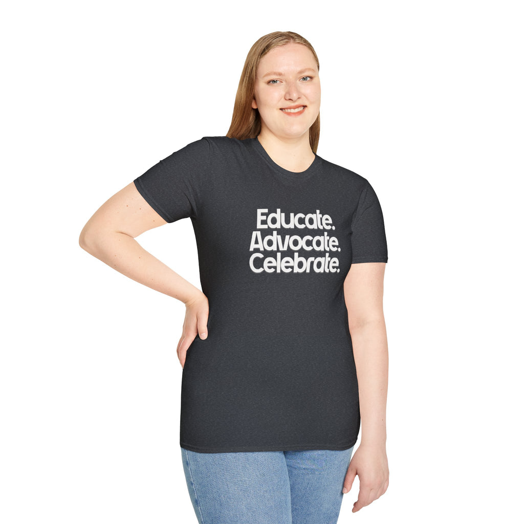 Educate. Advocate. Celebrate. Minimalist Pride T-Shirt