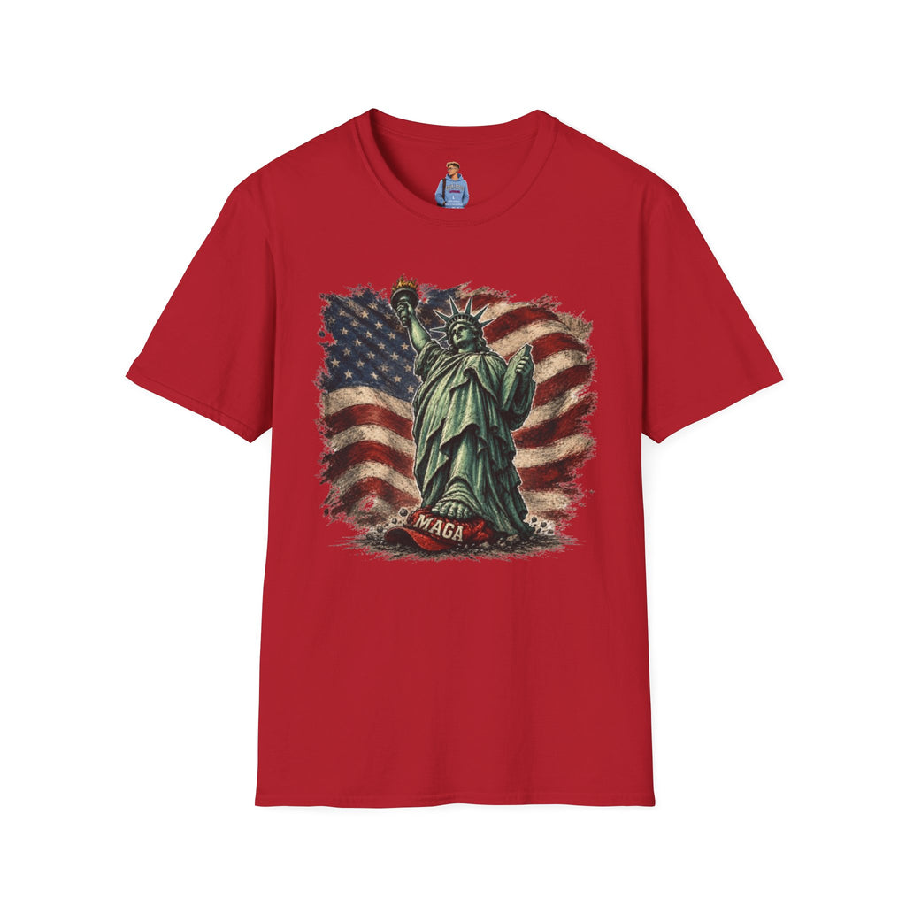 Statue of Liberty Stepping on MAGA American Flag T-Shirt — Patriotic USA Independence Day Tee