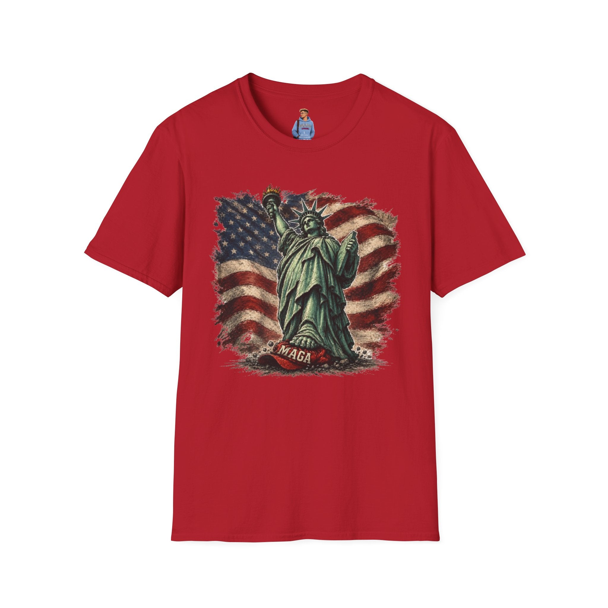 Statue of Liberty Stepping on MAGA American Flag T-Shirt — Patriotic USA Independence Day Tee